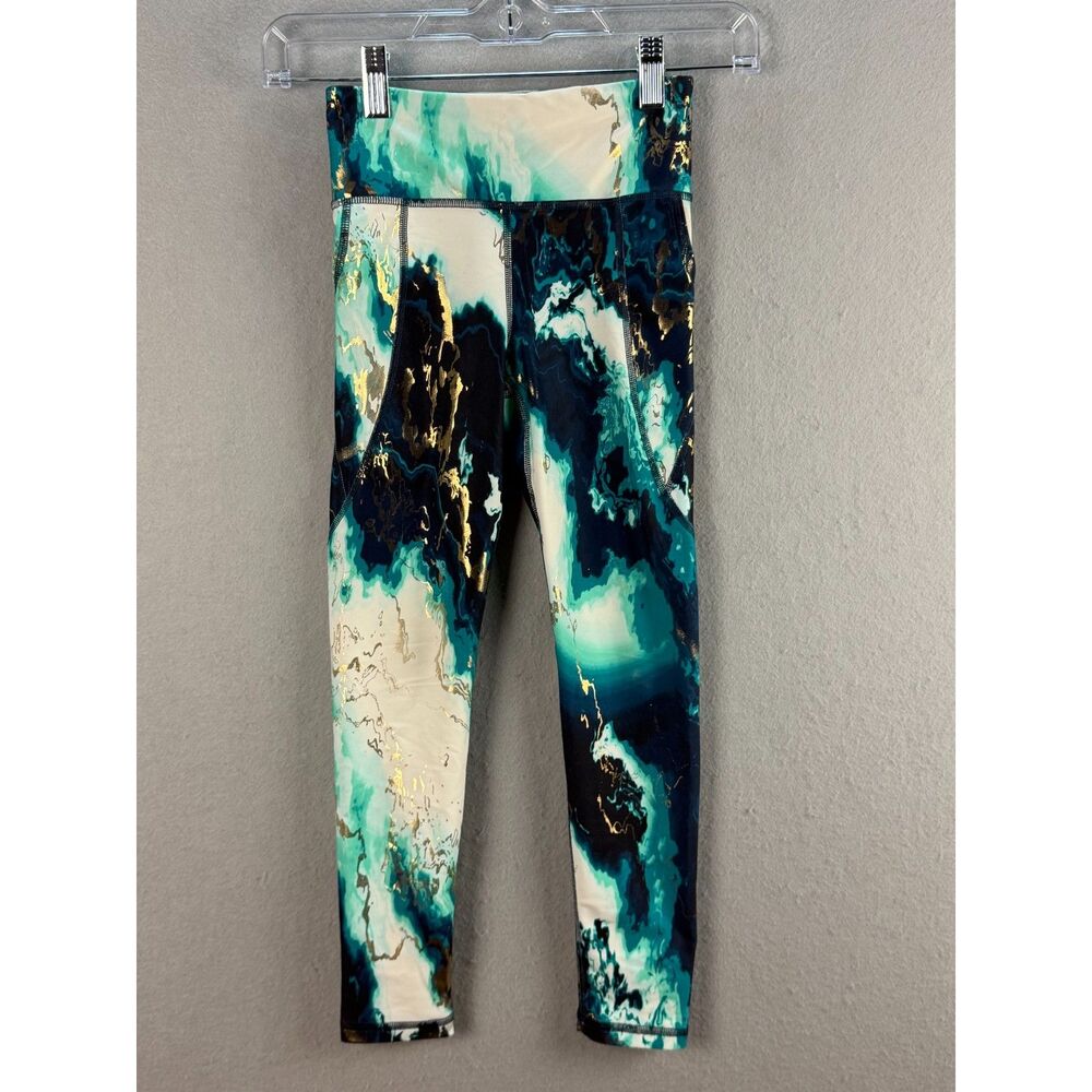 Old Navy PowerSoft Girls S 6-7 Teal Gold Marble High Rise Pocket Leggings